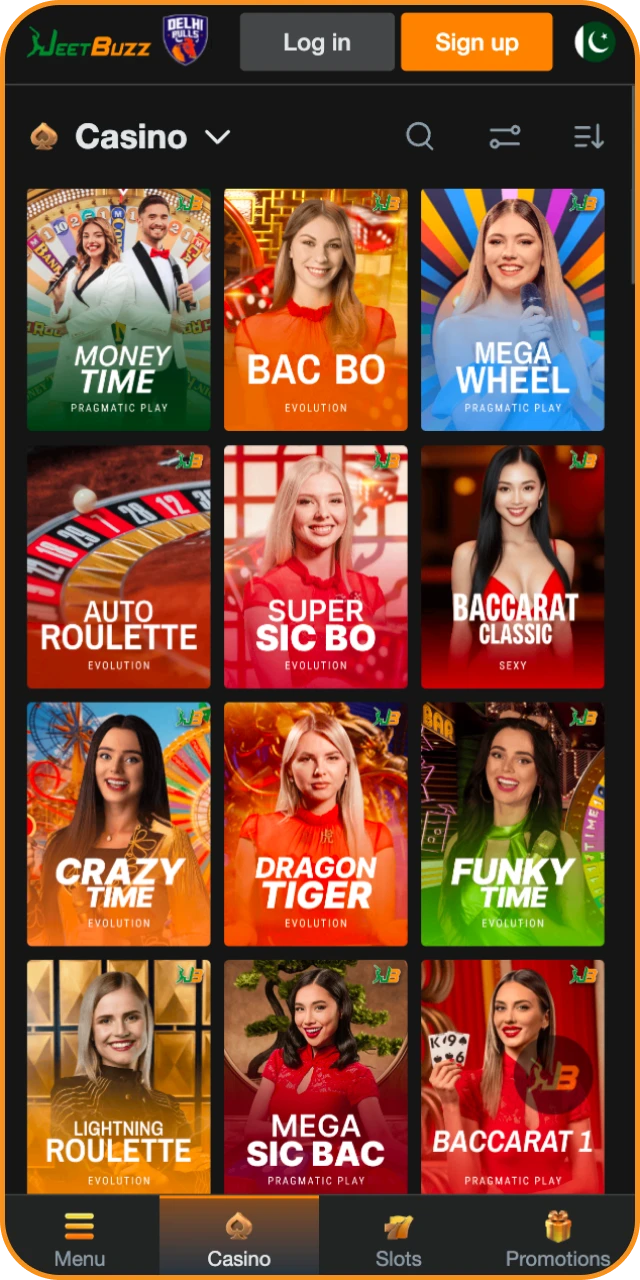 View the casino section interface inside the JeetBuzz App for mobile.