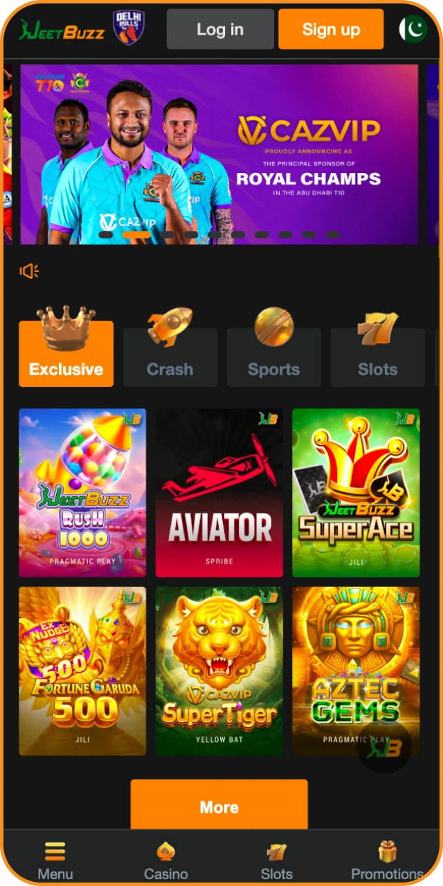 Explore the main page interface of the JeetBuzz App on Android.