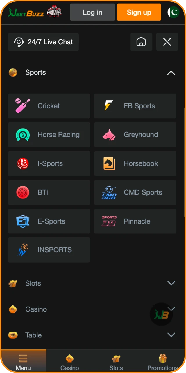 Check the sport betting interface within the JeetBuzz App APK.