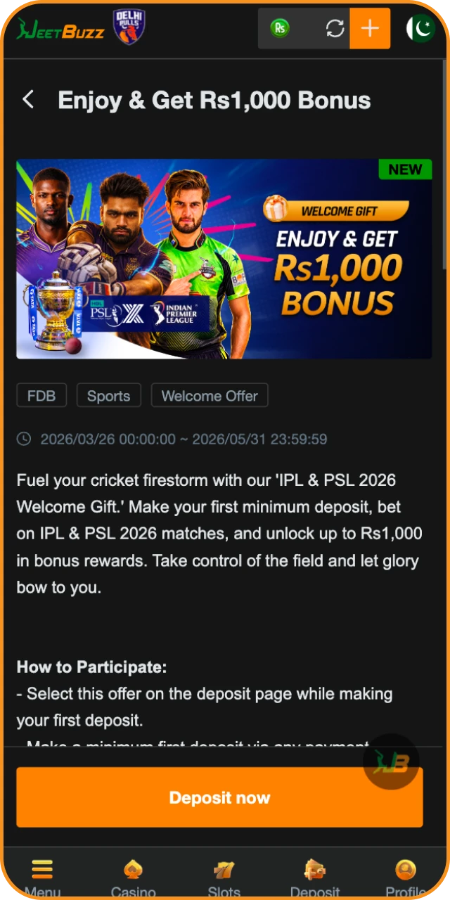 Review bonus terms for your selected JeetBuzz welcome gift.