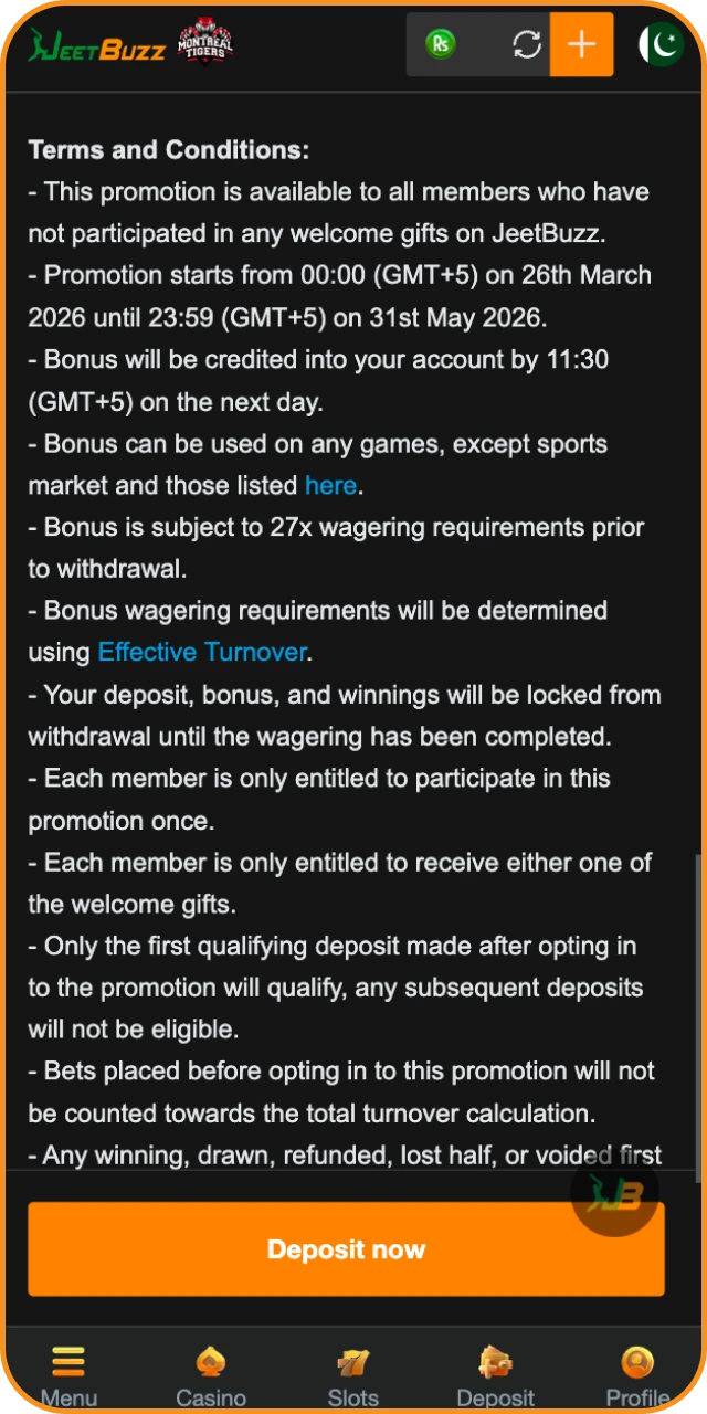 Complete wagering requirements to unlock the JeetBuzz welcome funds.